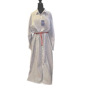 Chouytou button down shirt dress blue & white stripes, side pockets, split hem